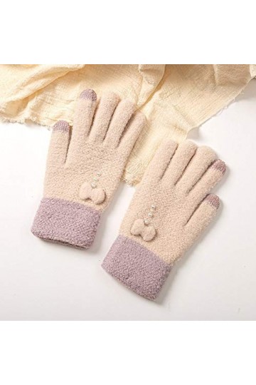 RFEGEF Femme Gants dhiver,Gants À Écran Tactile Bowkont Tricoté Beige avec Décoration De Perles Dames Doux Coupe-Vent Élégan