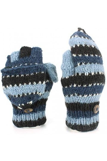 LOUDelephant Laine Tricot Mitaines Tireur Gants avec Complet Doublure Polaire - Rayé - Bleu & Noir, One Size