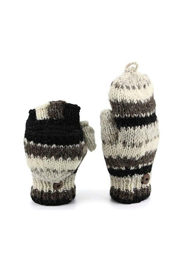 LOUDelephant Laine Tricot Mitaines Tireur Gants avec Complet Doublure Polaire - Rayé - Marron, One size