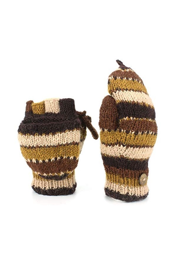 LOUDelephant Laine Tricot Mitaines Tireur Gants avec Complet Doublure Polaire - Rayé - Marron, One size