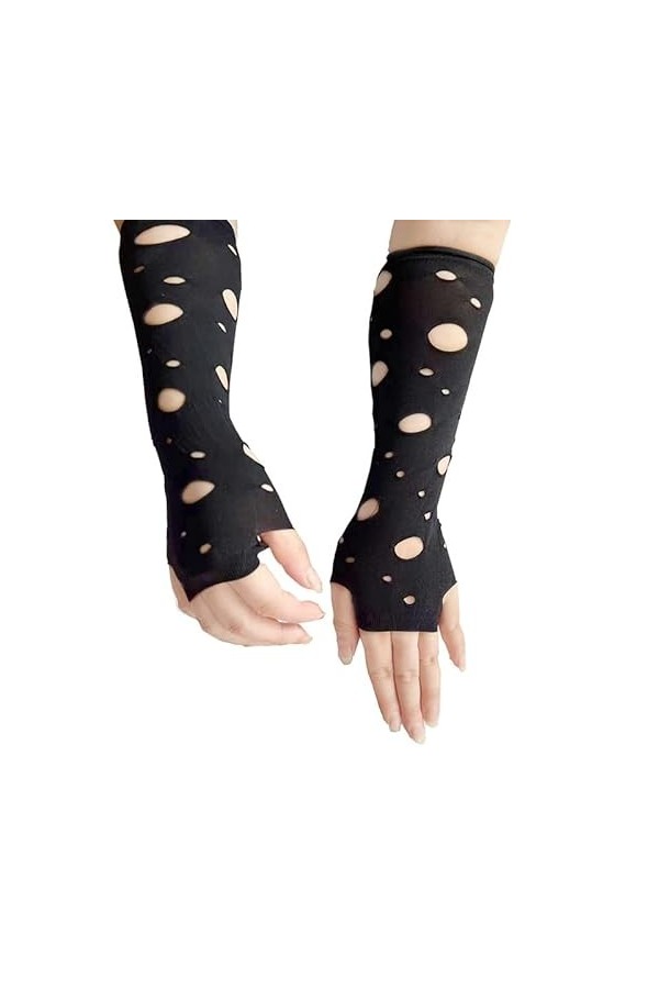 Gants Femme， Sexy femmes individualité trou mendiant sans doigts Performance gant demi-doigt maille Stretch Punk Halloween fê