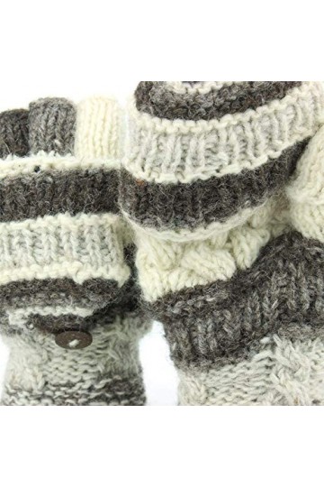 LOUDelephant Épais Laine Mitaines Tireur Gants - à Rayures Mélange Tricot - Gris Crème, One Size