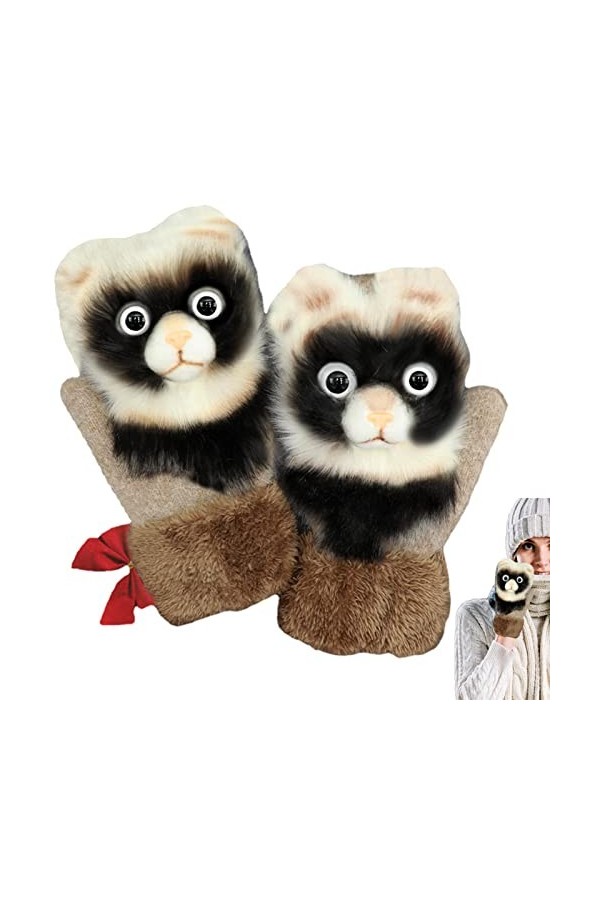 Tytlyworth Moufles pour femme | Gants chauds tricotés avec adorable raton laveur et panda – Gants tricotés chauds coupe-vent 