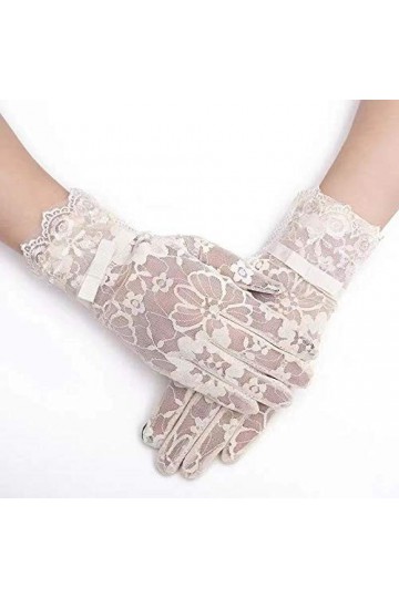 JFCXBSSL Gants en dentelle beige pour femme - Gants en dentelle avec nœud en ruban - Gants à motif floral - Moufles rétro en 