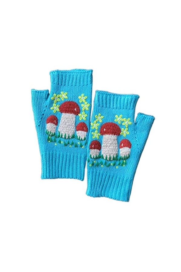 DDMINE Femmes Automne tricoté à la Main Broderie Gants Champignons Fleurs mi Long Demi Doigt Gants dhiver Color : Sky Blue,