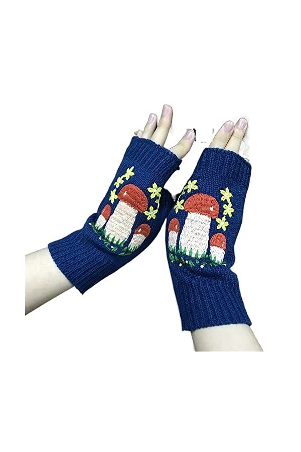 DDMINE Femmes Automne tricoté à la Main Broderie Gants Champignons Fleurs mi Long Demi Doigt Gants dhiver Color : Sky Blue,