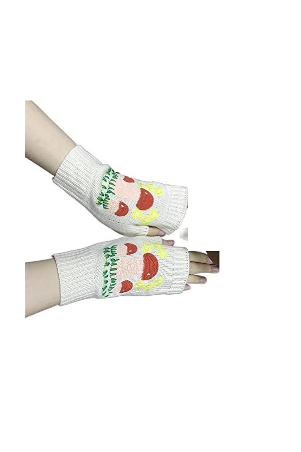 DDMINE Femmes Automne tricoté à la Main Broderie Gants Champignons Fleurs mi Long Demi Doigt Gants dhiver Color : Sky Blue,