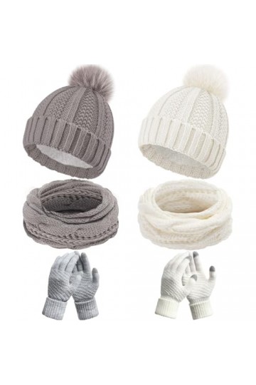 Hicarer 6 Pcs Set de Bonnets Écharpes et Gants dHiver Bonnets en Tricot à Pompons Gants à Écran Tactile Foulards Cache-Cou e