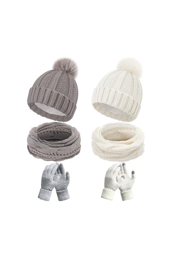 Hicarer 6 Pcs Set de Bonnets Écharpes et Gants dHiver Bonnets en Tricot à Pompons Gants à Écran Tactile Foulards Cache-Cou e