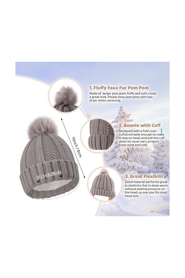 Hicarer 6 Pcs Set de Bonnets Écharpes et Gants dHiver Bonnets en Tricot à Pompons Gants à Écran Tactile Foulards Cache-Cou e