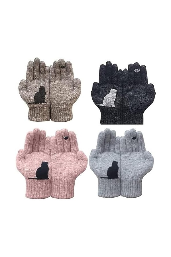 BIVOO Gants en Coton Fan de Chat, Gants tricotés Mignons de Chat, Gants tricotés Mignons de Chat de Dessin animé, Gants d’Hiv