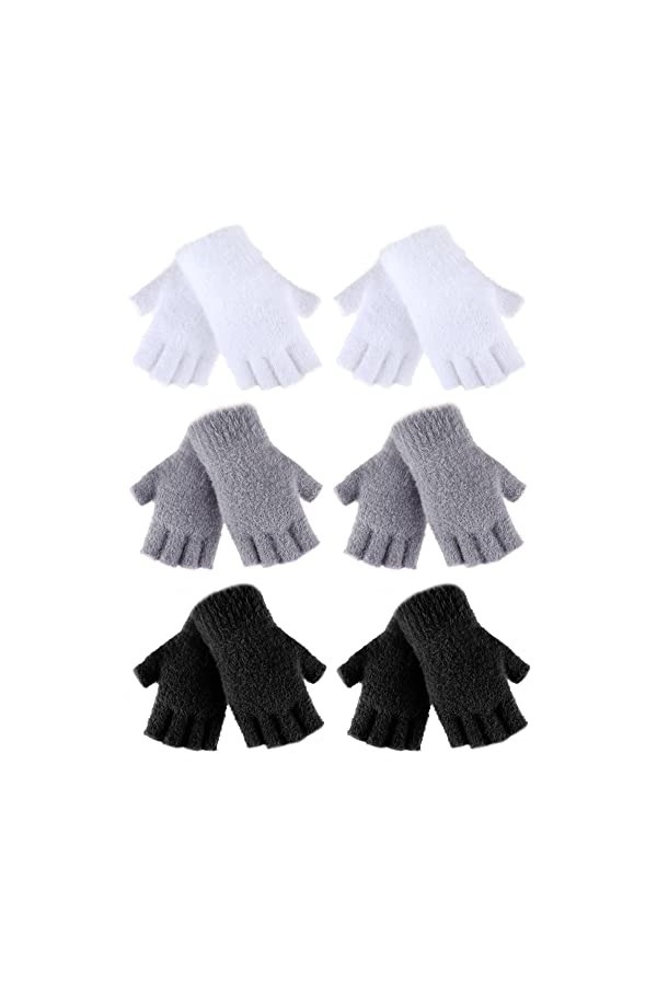 6 Paires Mitaines d’Hiver Moelleuses sans Doigts Demi-Doigts Gants avec Trous Noir, Blanc, Gris, Molleton de Corail