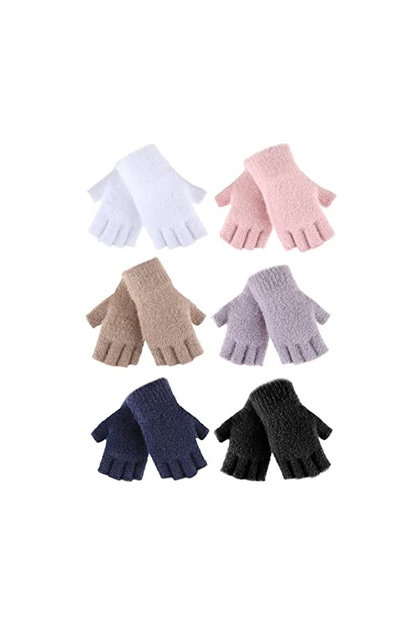 6 Paires Mitaines d’Hiver Moelleuses sans Doigts Demi-Doigts Gants avec Trous Noir, Blanc, Gris, Molleton de Corail 