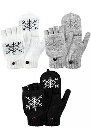 Bencailor 3 Paires Gants sans Doigts en Tricot dHiver Mitaines Convertibles à Rabat Chaudes Noir, Blanc, Gris, Flocon de Ne