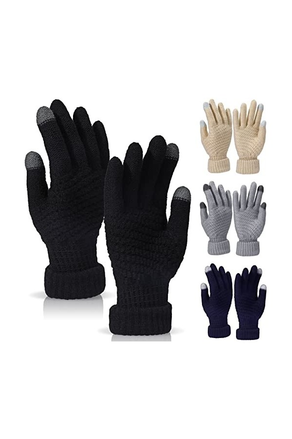 4 Paires Gants Tricotés dHiver Gants à Écran Tactile Gants Chauds Unisexe Gants Thermiques Noir, Gris, Beige, Cyan 