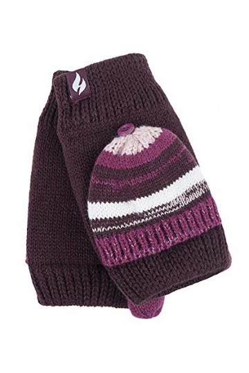 HEAT HOLDERS - Femme Fantaisie Tricotés Gants avec Rabat sans Doigts pour Hiver Bourgogne/Mulberry, Taille unique 