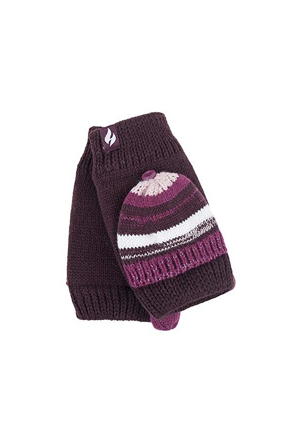 HEAT HOLDERS - Femme Fantaisie Tricotés Gants avec Rabat sans Doigts pour Hiver Bourgogne/Mulberry, Taille unique 