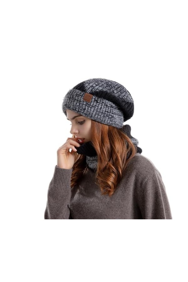 SEEKWISH Ensemble Écharpe Bonnet Femme Tricoté Hiver Chaud Doublure Polaire Couleurs Dégradées