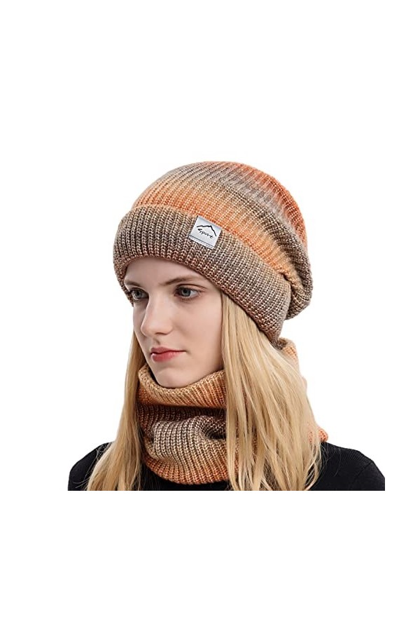 SEEKWISH Ensemble Écharpe Bonnet Femme Tricoté Hiver Chaud Doublure Polaire Couleurs Dégradées