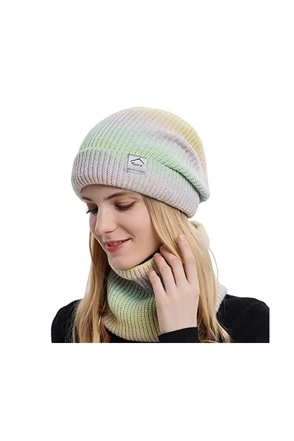 SEEKWISH Ensemble Écharpe Bonnet Femme Tricoté Hiver Chaud Doublure Polaire Couleurs Dégradées