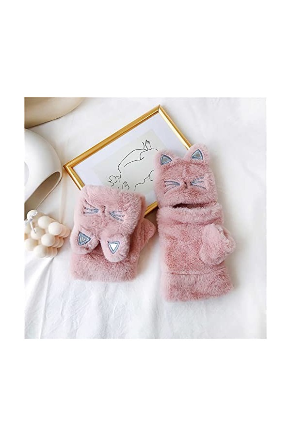 YJLGMM Femmes Hiver Chaud Plus Velours épaississant Demi Doigt rodage vélo Gants de Conduite Cyclisme Mignon Chat Tactile Tac