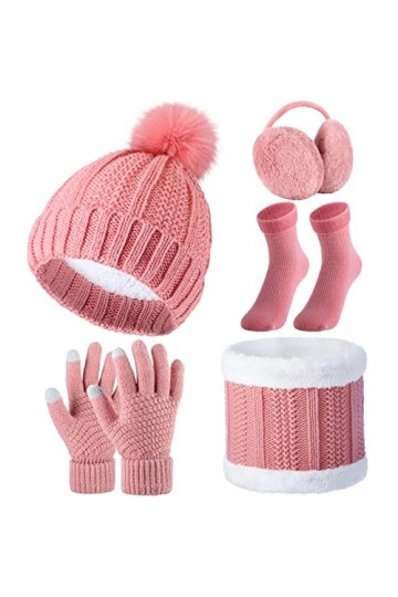 5 Paquets Ensemble Bonnet Gants dHiver, Bonnet avec Pompon Écharpe Gants en Tricot Cache-Oreilles Chaussettes Rose 
