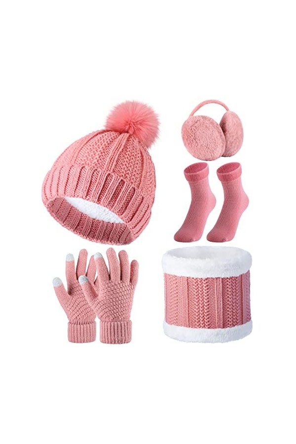 5 Paquets Ensemble Bonnet Gants dHiver, Bonnet avec Pompon Écharpe Gants en Tricot Cache-Oreilles Chaussettes Rose 