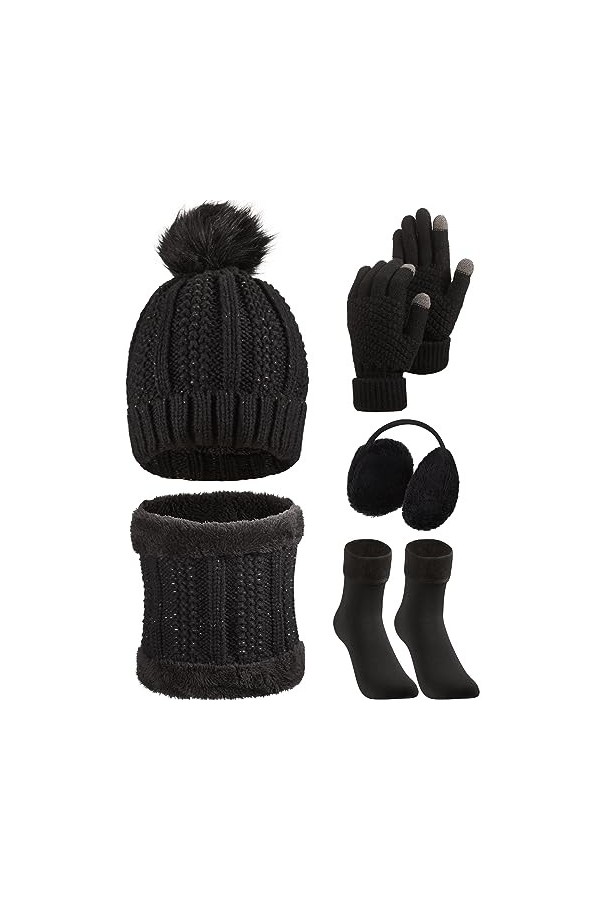 5 Paquets Ensemble Bonnet Gants dHiver, Bonnet avec Pompon Écharpe Gants en Tricot Cache-Oreilles Chaussettes Rose 