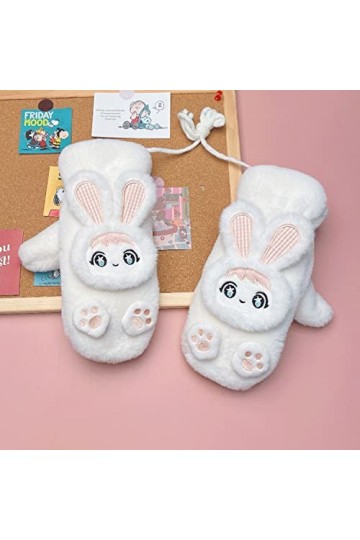 ZTJ Gants Thermiques dhiver, Mitaines tricotées à Motif de Lapin Mignon avec Cordon de Cou Suspendu, Gants en Peluche Chauds