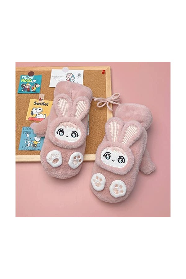 ZTJ Gants Thermiques dhiver, Mitaines tricotées à Motif de Lapin Mignon avec Cordon de Cou Suspendu, Gants en Peluche Chauds