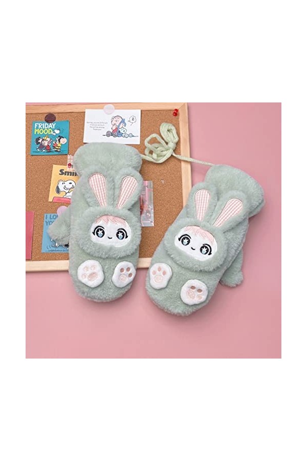 ZTJ Gants Thermiques dhiver, Mitaines tricotées à Motif de Lapin Mignon avec Cordon de Cou Suspendu, Gants en Peluche Chauds