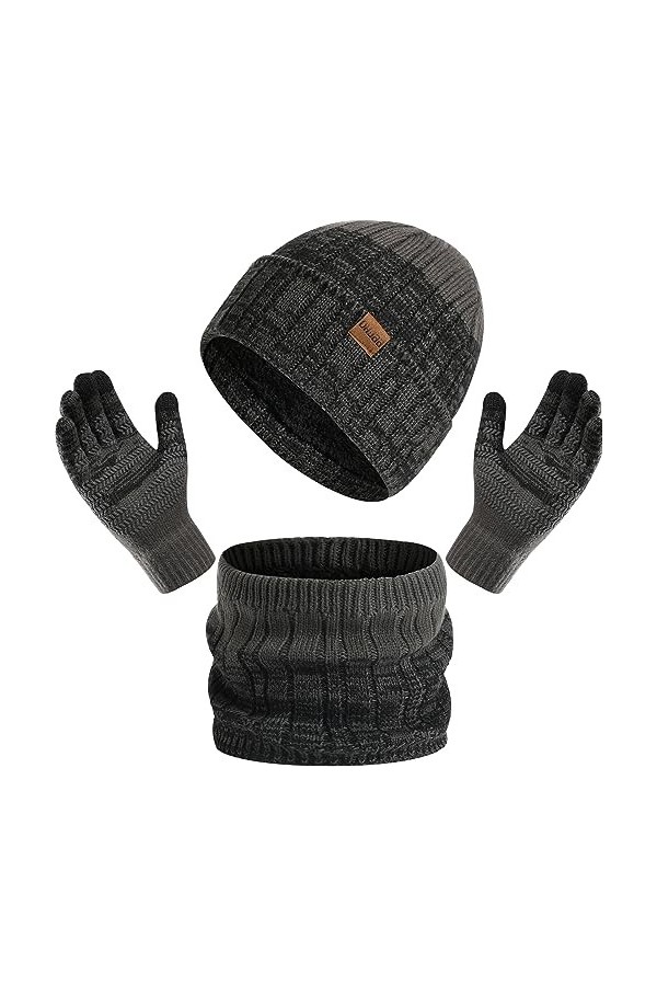Baynetin Dhiver Tricotés Bonnet écharpe Gants Décran Tactile Ensemble 3 Pièces,3 en 1 Doublure Doux Bonnet Tricoté Chaud Ca