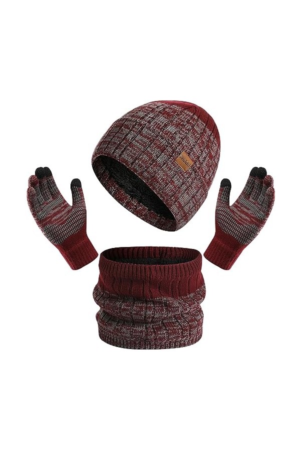 Baynetin Dhiver Tricotés Bonnet écharpe Gants Décran Tactile Ensemble 3 Pièces,3 en 1 Doublure Doux Bonnet Tricoté Chaud Ca