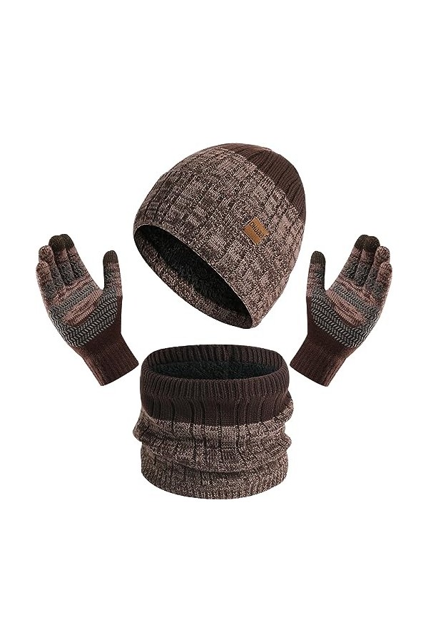 Baynetin Dhiver Tricotés Bonnet écharpe Gants Décran Tactile Ensemble 3 Pièces,3 en 1 Doublure Doux Bonnet Tricoté Chaud Ca