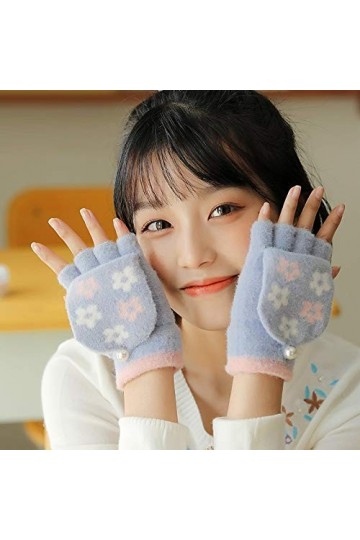 Gants sans Doigts pour Femmes,1 Paire De Fleurs Mignonnes Femmes Mitaines sans Doigts Gants Convertibles dhiver Gants Demi-D