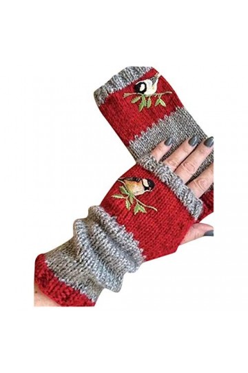 Femme Gants dhiver,Gants À Écran Tactile Gants Tricotés sans Doigts Brodés Dames Rouges Doux Coupe-Vent Élégant Moufles De T