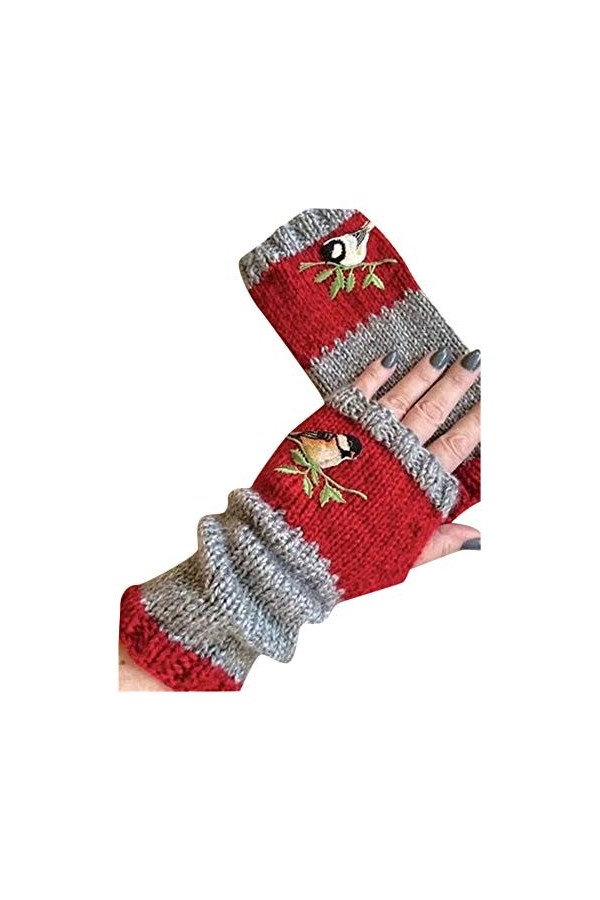 Femme Gants dhiver,Gants À Écran Tactile Gants Tricotés sans Doigts Brodés Dames Rouges Doux Coupe-Vent Élégant Moufles De T