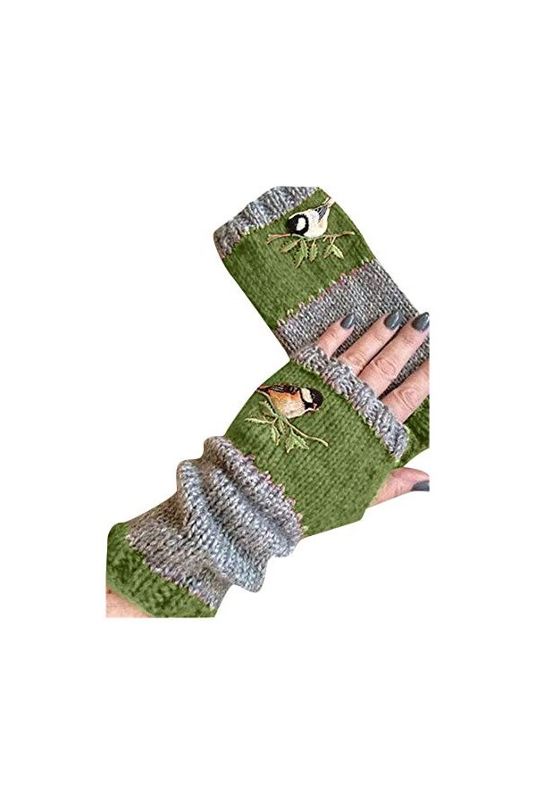 RFEGEF Femme Gants dhiver,Gants À Écran Tactile Gants Tricotés sans Doigts Brodés Dames Vertes Doux Coupe-Vent Élégant Moufl
