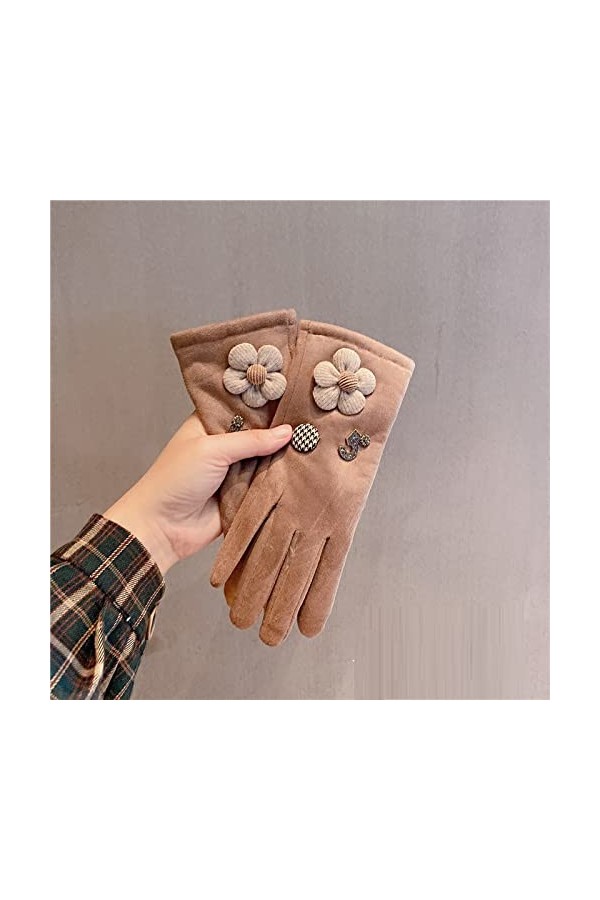 Gants DHiver Fleurs Simple Écran Tactile Gants Femmes Plus Gants En Velours Kaki