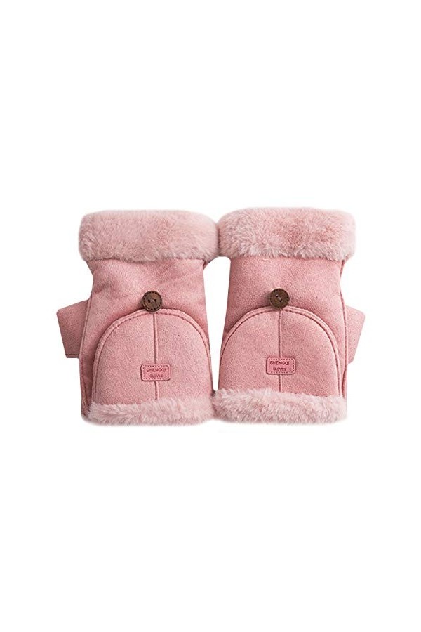 Meliya Gants thermiques dhiver en peau de mouton avec revers rabattable, gris, taille unique