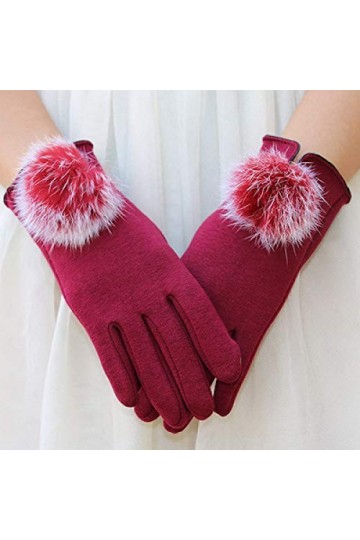 RFEGEF Femme Gants dhiver,Gants À Écran Tactile Rouge Plus Velours Gants De Boules De Poils Respirants Dames Doux Coupe-Vent