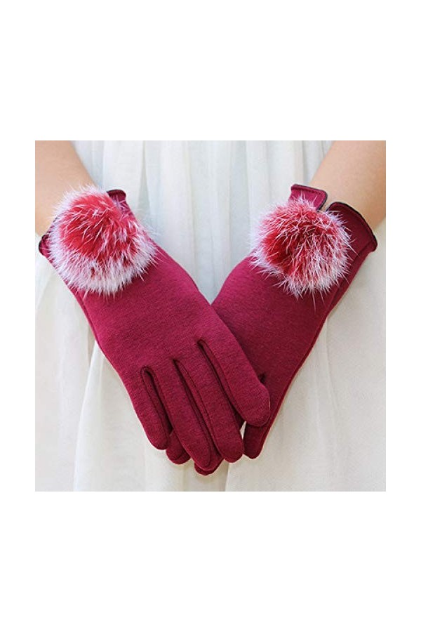 RFEGEF Femme Gants dhiver,Gants À Écran Tactile Rouge Plus Velours Gants De Boules De Poils Respirants Dames Doux Coupe-Vent