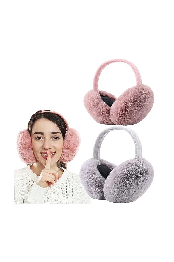 FSMILING 2 Pack de Chauffe-Oreilles Hiver Chaud Couvre-Oreilles En Peluche Pliable Earmuffs Pour Hommes Femmes,Gris Et Rose C