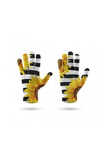 Femme Gants dhiver,Gants À Écran Tactile Rayure Noire Fleur De Soleil Impression 3D Tricoté Dames Doux Coupe-Vent Élégant Mo