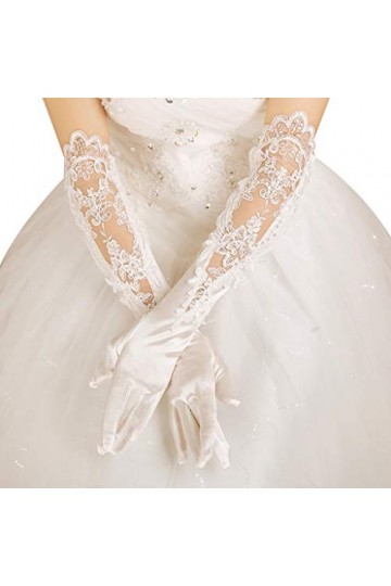 Gants de mariage pour mariée - Blancs - Longs gants creux - Broderie à paillettes - Dentelle florale - Longueur du coude - Mo
