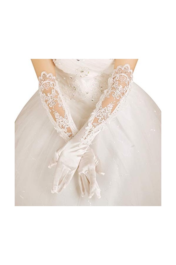 Gants de mariage pour mariée - Blancs - Longs gants creux - Broderie à paillettes - Dentelle florale - Longueur du coude - Mo
