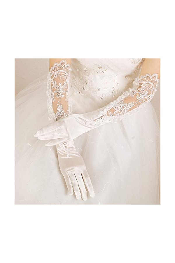 Gants de mariage pour mariée - Blancs - Longs gants creux - Broderie à paillettes - Dentelle florale - Longueur du coude - Mo