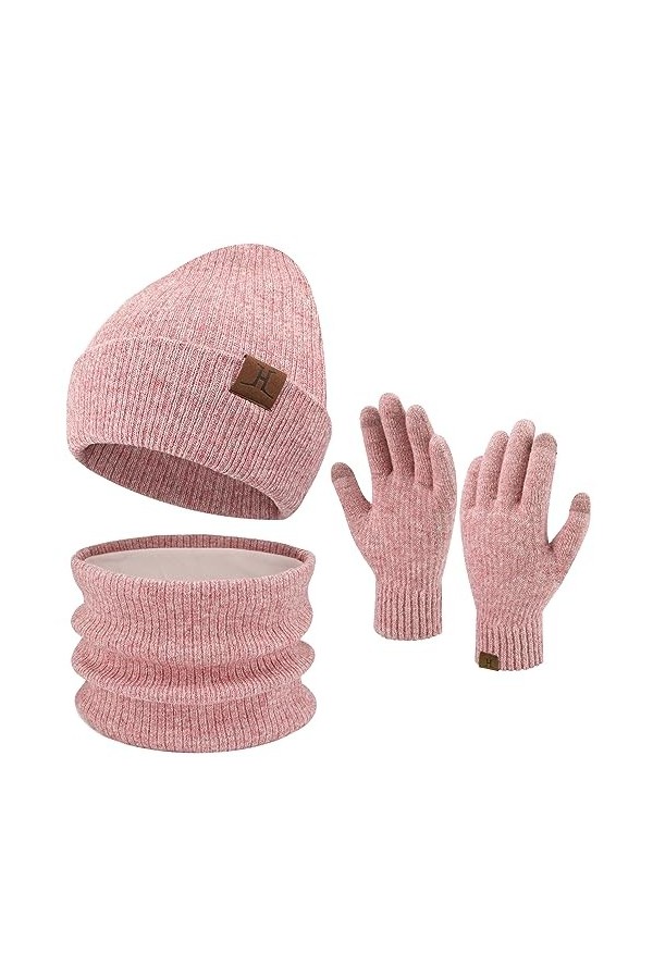 Femme Homme Hiver Chaud Bonnet Echarpe Ensemble Tricot Slouchy Casquettes Infinity Écharpes pour Femmes et Hommes, Rose, Tail