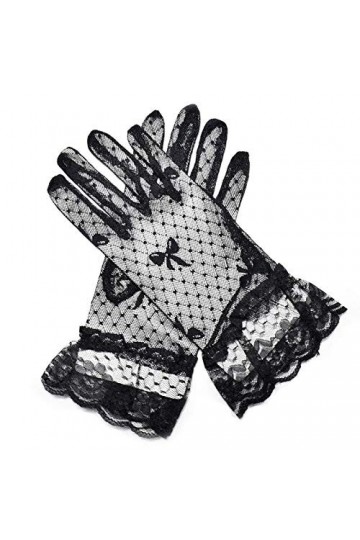 JFCXBSSL Gants en dentelle noire de 25 cm pour femme - En maille à carreaux - Avec volants - Bordure en dentelle florale et n