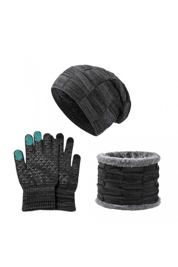 Hiver Tricotés Ensemble Bonnet Écharpe Gants Décran Tactile 3 en 1 Doublure Molleton Doux Bonnet Tricoté Chaud Cache-Cou Ext